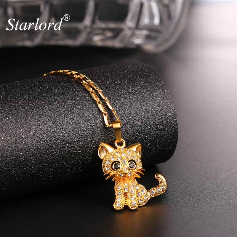 Rhinestone Cute Cat Necklace Trendy Gold Color Link Chain For Women Collares Lucky Pet Pendant Bijoux Wholesale P2453