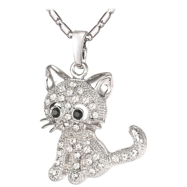 Rhinestone Cute Cat Necklace Trendy Gold Color Link Chain For Women Collares Lucky Pet Pendant Bijoux Wholesale P2453
